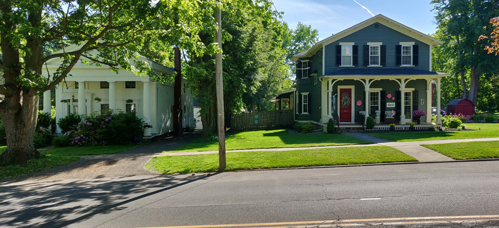 green grass lawn near whie and blue houses during day